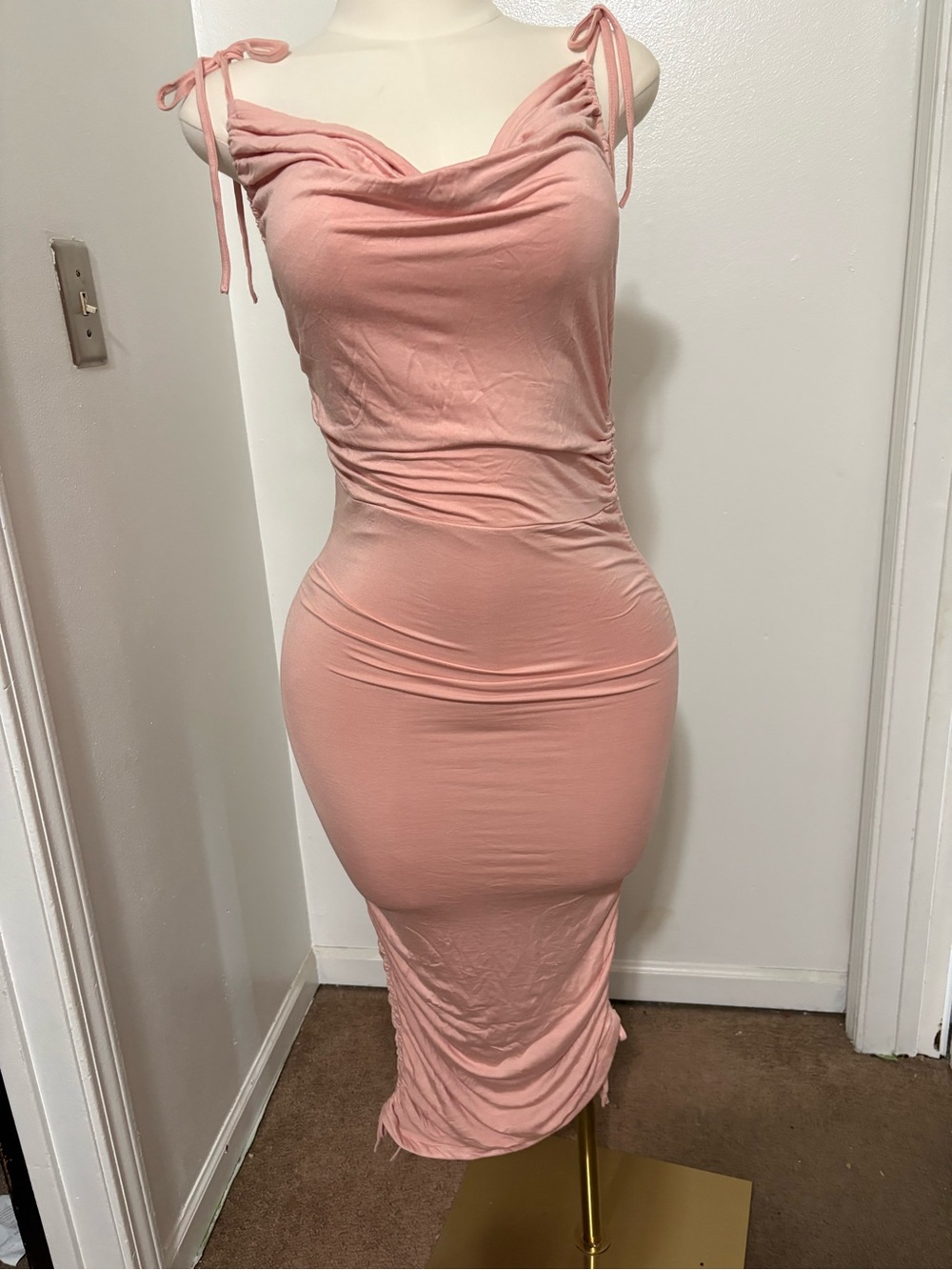 Tie-Shoulder Dusty Pink Bodycon Midi Dress NWOT